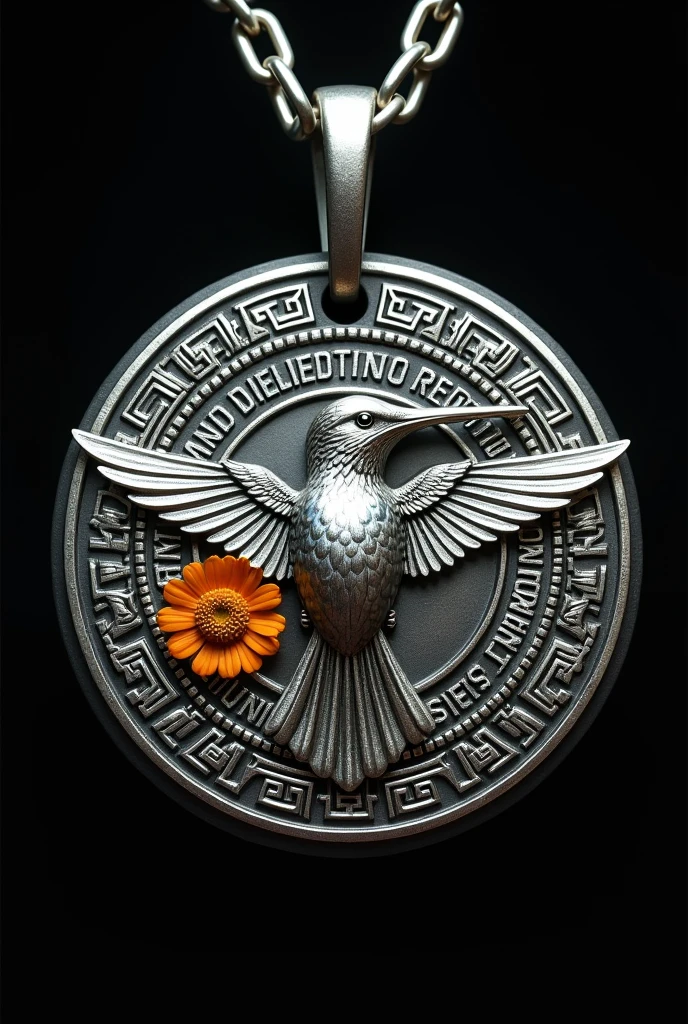 Round medal of a Mictlan hummingbird with Aztec culture motifs and a marigold flower under its beak and wings, all in silver and a black background.