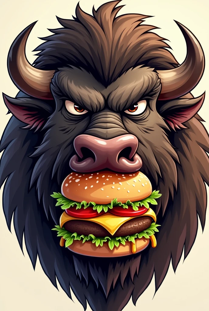 Design the face of a fierce animated buffalo with a hamburger in the middle of its mouth and only the front face showing the teeth and the face being frontal