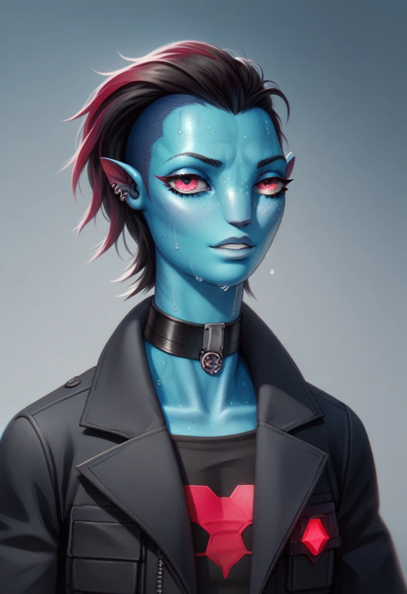 Oc,na’vi, a alien blue skin skinny buff femboy man wearing black trench-coat with a red mark on the bust,thick, in an 80’s style. He’s androgynous , including some weapons and a sensual , cool expression. Sweating.The scene has a cool,sweet,sexual,stargate style and a vibrant tone. Modern setting in the background