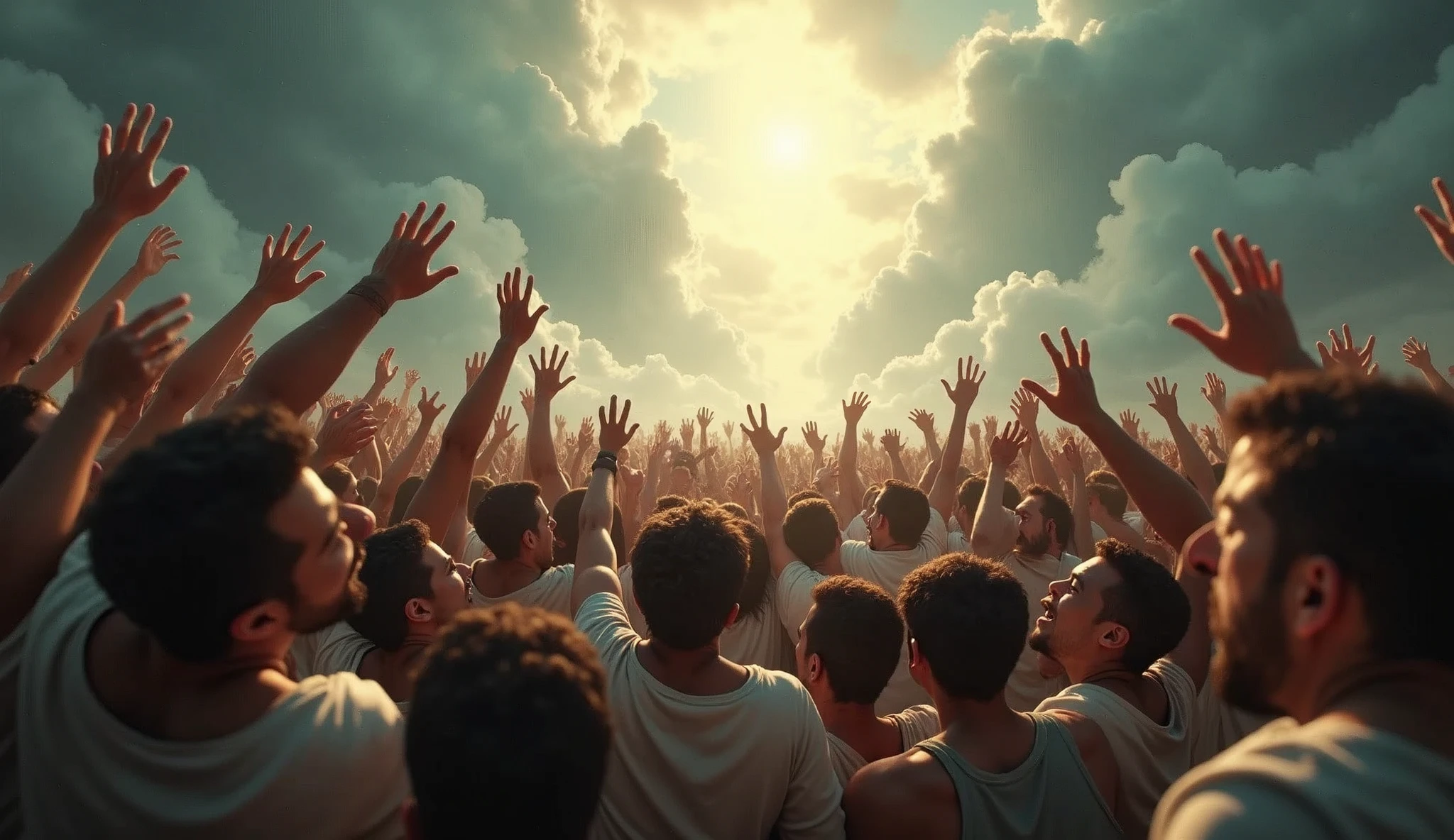 Create a powerful, emotionally charged image of desperate people trying to reach heaven. Show a motley crowd of individuals in a state of anguish and despair, reaching out or attempting to climb toward a bright, ethereal sky. Facial expressions should reflect a mix of hope, panic and determination. Heaven should be portrayed as a distant and unattainable destination, radiating light and a sense of divinity. The scene may include dramatic elements such as turbulent clouds, rays of light, and an environment that suggests an internal conflict or spiritual battle.