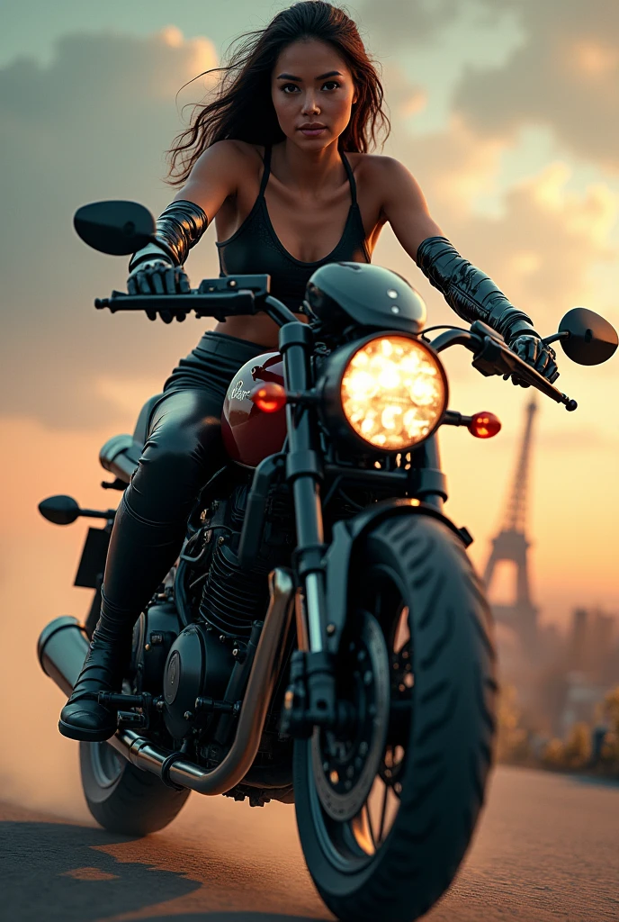 Beautiful motorbike girl with cybernetic arm, epic masterpiece, uhd