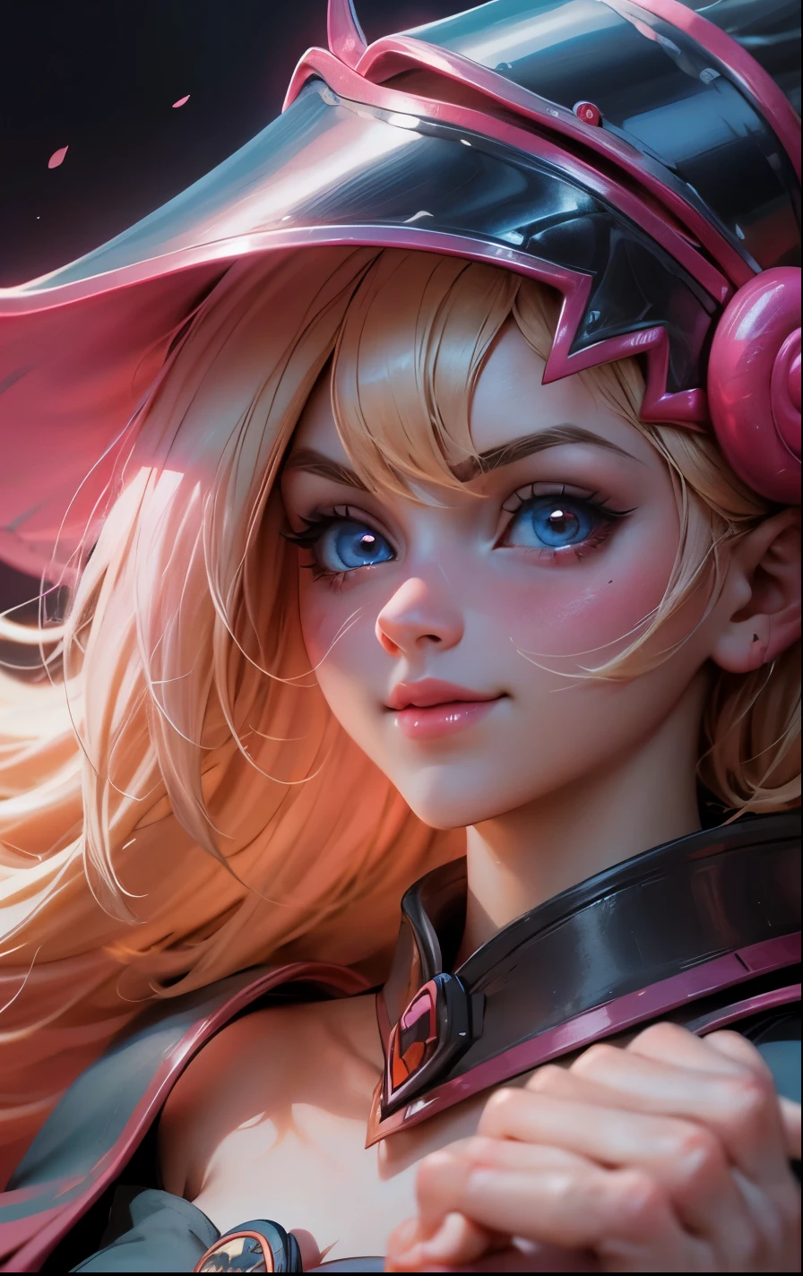 Create the beautiful face of dark magician gils. blue eyes. Glass eyes, long and thick eyelashes, pink lips. Tez blanca. blond hair. Tender girl smile. dark wizard gils