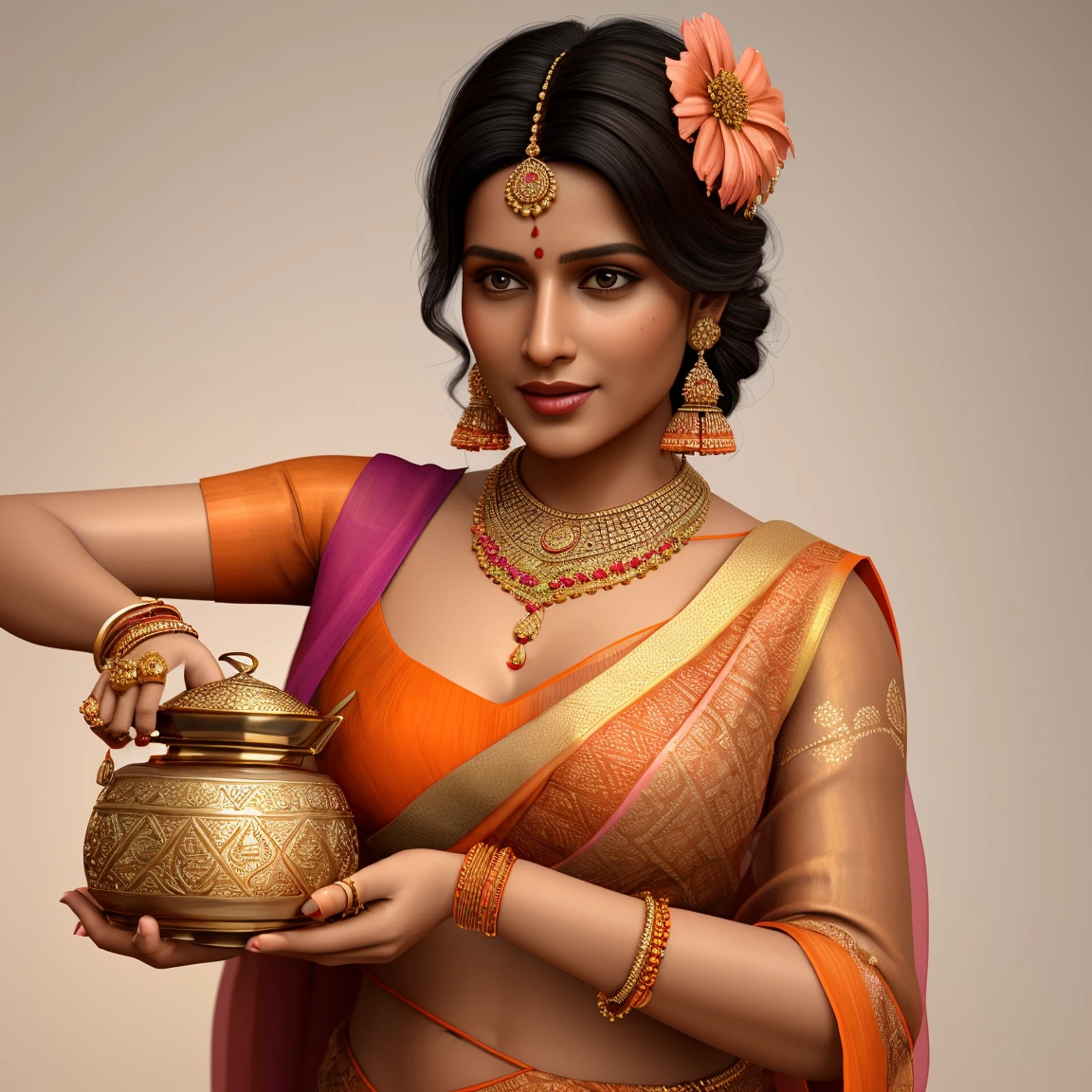 Realistic 3D illustration of a woman wearing a traditional sari decorated with intricate patterns in orange and pink colors, pouring water from an earthen pot into a Tulsi plant. She has styled her hair and decorated it with flowers, wearing gold jewellery, including bangles. The scene is in front of a plain white background