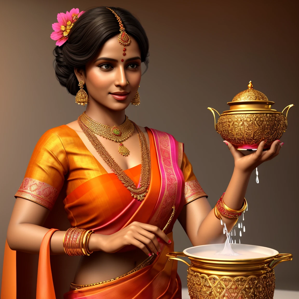 Realistic 3D illustration of a woman wearing a traditional sari decorated with intricate patterns in orange and pink colors, pouring water from an earthen pot into a Tulsi plant. She has styled her hair and decorated it with flowers, wearing gold jewellery, including bangles. The scene is in front of a plain white background