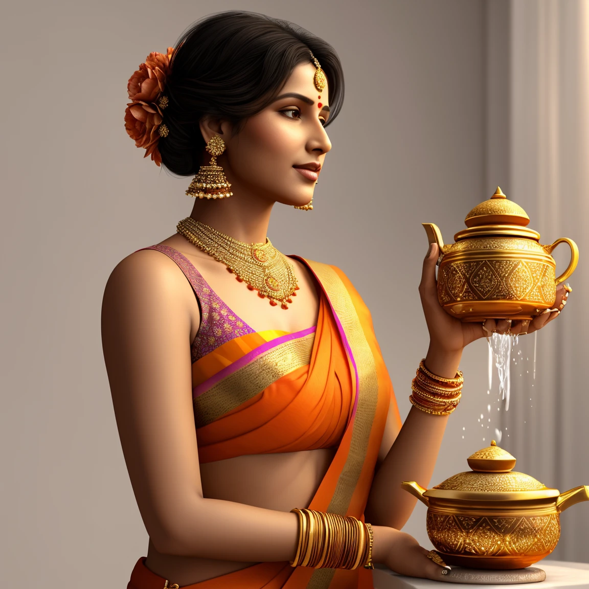 Realistic 3D illustration of a woman wearing a traditional sari decorated with intricate patterns in orange and pink colors, pouring water from an earthen pot into a Tulsi plant. She has styled her hair and decorated it with flowers, wearing gold jewellery, including bangles. The scene is in front of a plain white background