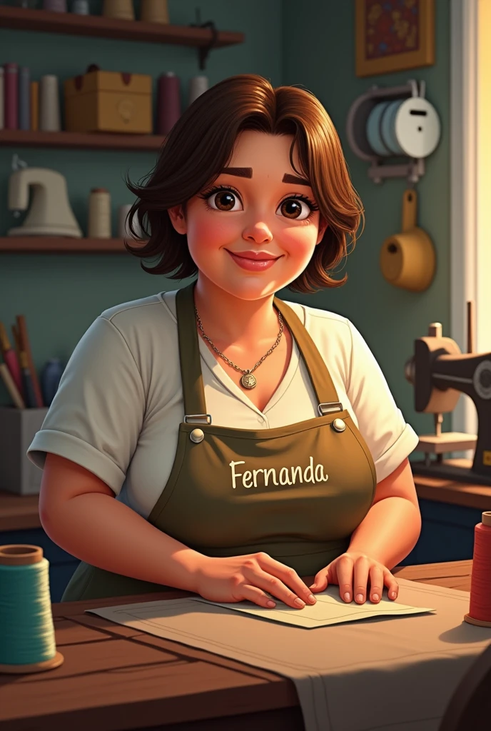 Drawing A chubby Brazilian woman seamstress in the studio white straight brown loose hair with small eyes With apron with name Fernanda 40 years old Short