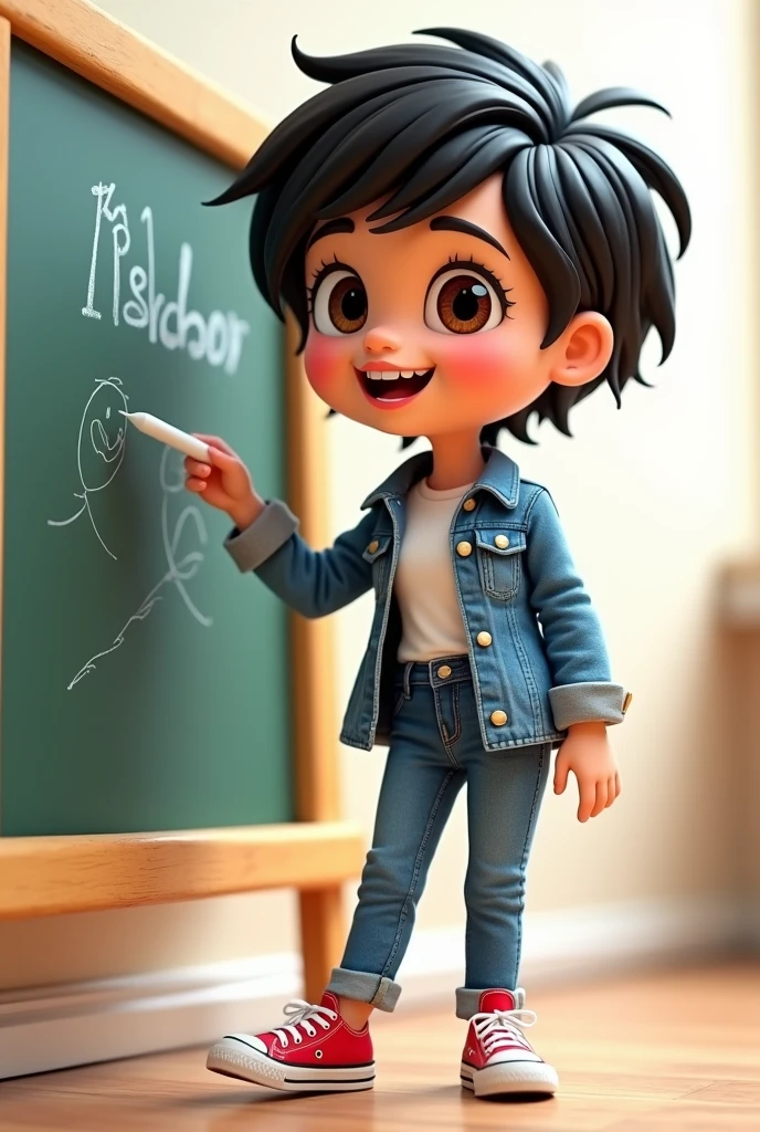 3D Cartoon, woman, young, very short black hair, brown eyes, wearing a white t-shirt, denim jacket, jeans and all star sneakers. writing on a blackboard with chalk. Transparent Background