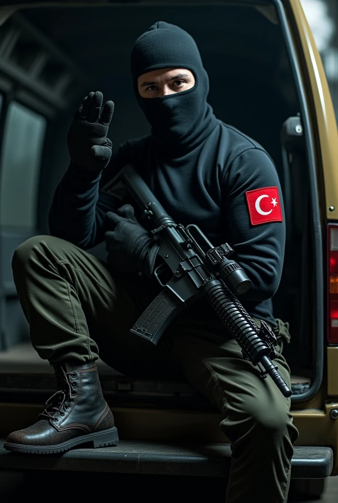 Generate a photo of a masked man with a ski mask sitting on the back of a van with an M16 in his hand and making the Turkish wolf salute. It should be completely black. And the picture should look like it was taken by a cell phone with flash in the dark. Make it real. The gun is said to be on his lap and he is said to be wearing dirty black boots and a Turkey emblem on his arm. The background should not be so dark. The image should look very realistic and the mask should fit better. And the picture should be a bit blurry. He should make the Turkish wolf salute hand sign.