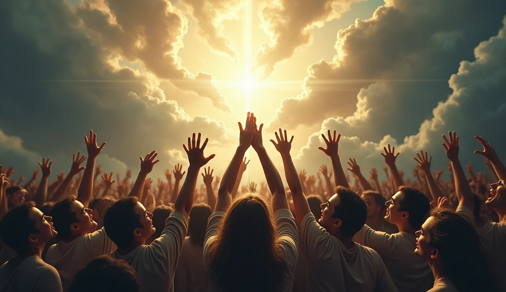 Create a powerful, emotionally charged image of desperate people trying to reach heaven. Show a motley crowd of individuals in a state of anguish and despair, reaching out or attempting to climb toward a bright, ethereal sky. Facial expressions should reflect a mix of hope, panic and determination. Heaven should be portrayed as a distant and unattainable destination, radiating light and a sense of divinity. The scene may include dramatic elements such as turbulent clouds, rays of light, and an environment that suggests an internal conflict or spiritual battle.