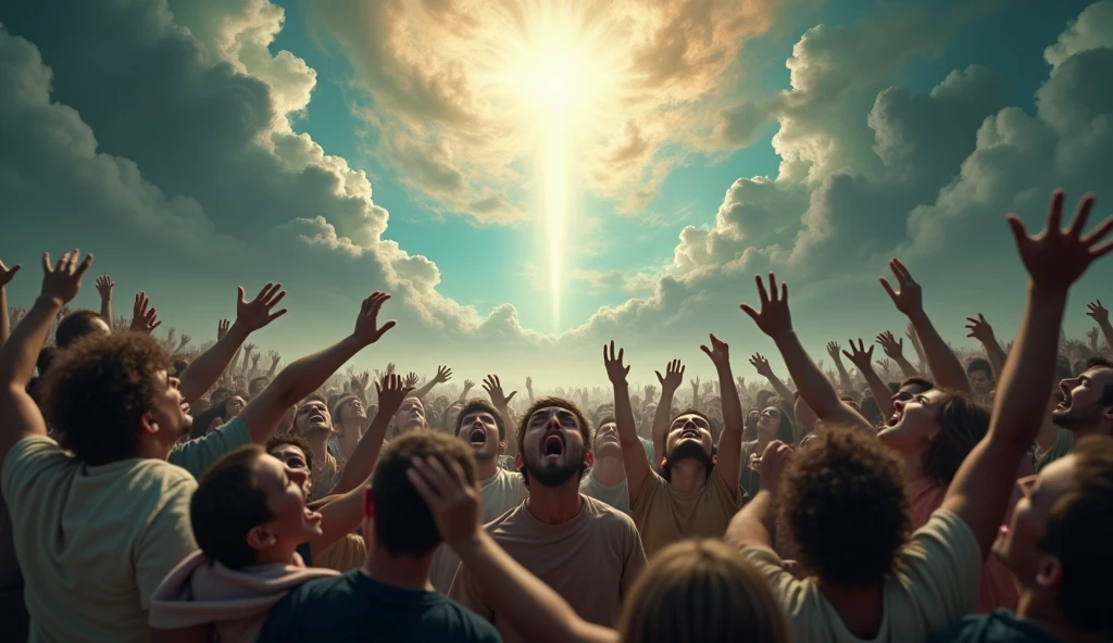 Create a powerful, emotionally charged image of desperate people trying to reach heaven. Show a motley crowd of individuals in a state of anguish and despair, reaching out or attempting to climb toward a bright, ethereal sky. Facial expressions should reflect a mix of hope, panic and determination. Heaven should be portrayed as a distant and unattainable destination, radiating light and a sense of divinity. The scene may include dramatic elements such as turbulent clouds, rays of light, and an environment that suggests an internal conflict or spiritual battle.