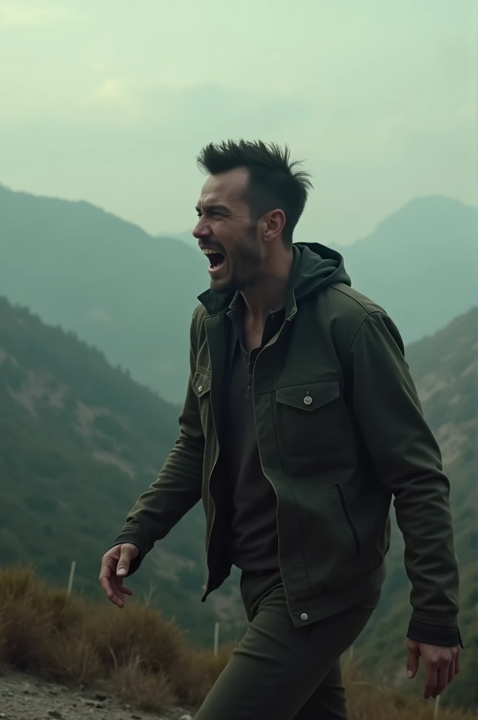 Image of a zombie apocalypse movie where the protagonist, a well-known male actor, looks like a winner but agitated to the point that he can hardly move forward., but zombies behind, just as it is, but being on a mountain and seeing an apocalyptic city behind 