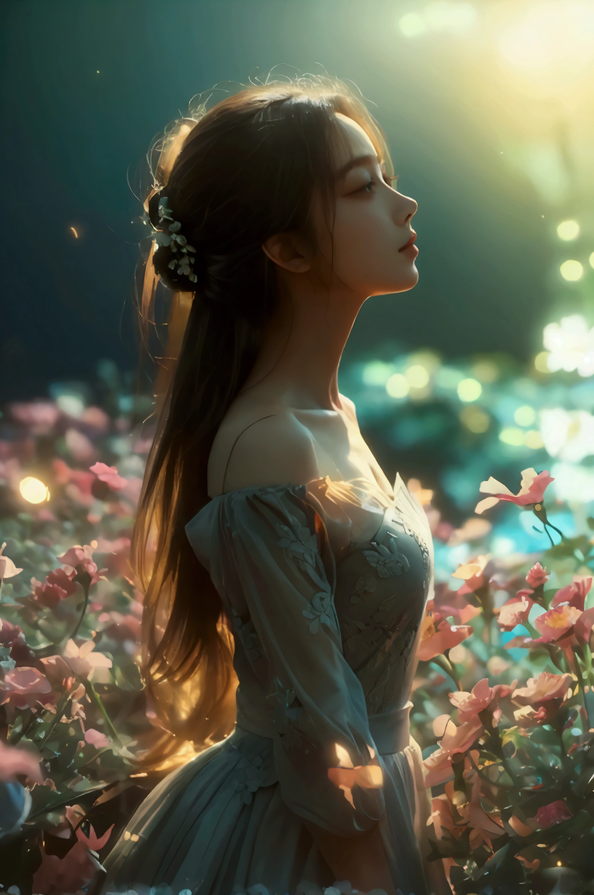 Medium breast, off shoulder, A girl standing against a background of moonlight and a sea of flowers，more elegant and dusty，a person々Let yourself be immersed in this beautiful picture。Her every move is like a beautiful dance.，As if melting into this sea of flowers，Expressing the beauty of ancient style, fireflies, dark forrest,