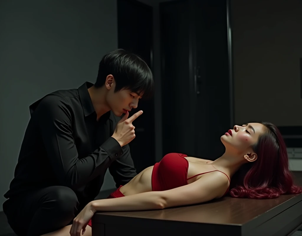 190 cm tall, 27-year-old man, black bowl cut, side swept bangs, Chinese-Korean-Japanese features, black shirt and business vest, black pants, sitting on the floor next to dark wood table, intense expression, licking blood off lips and looking at a 24-year-old shorter woman Caucasian woman with pained expression laying supine on the wood table with a wound on left rib cage and vibrant maroon side parted wavy hair and light skin wearing red midriff top and matching shorts in a minimalistic black and grey bedroom, dark lighting, photorealistic, cinematic