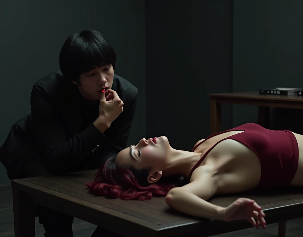 190 cm tall, 27-year-old man, black bowl cut, side swept bangs, Chinese-Korean-Japanese features, black shirt and business vest, black pants, sitting on the floor next to dark wood table, intense expression, licking blood off lips and looking at a 24-year-old shorter woman Caucasian woman with pained expression laying supine on the wood table with a wound on left rib cage and vibrant maroon side parted wavy hair and light skin wearing red midriff top and matching shorts in a minimalistic black and grey bedroom, dark lighting, photorealistic, cinematic
