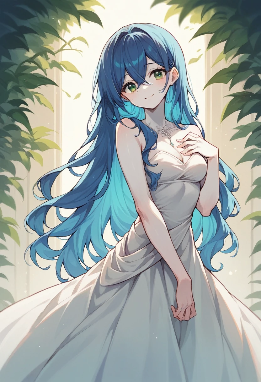 Akane kurokawa. alone girl. cute smile. long hair. Blue hair with green tips . Evening dress . white skin .