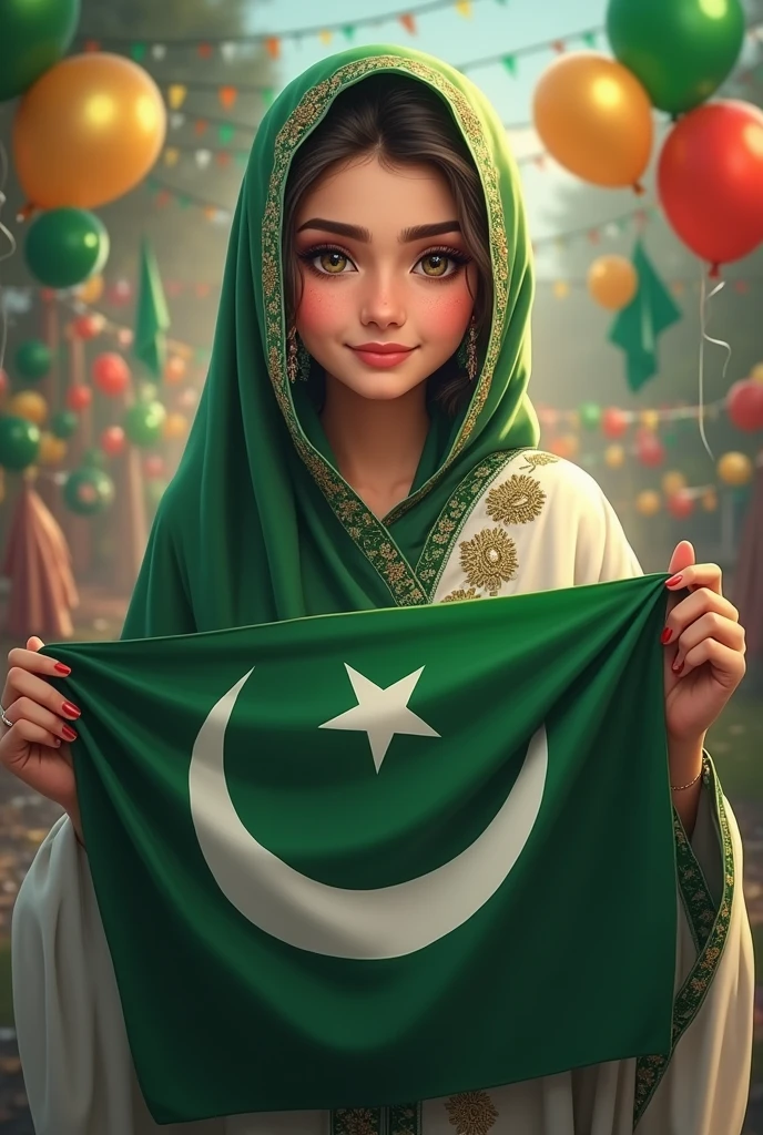 Create a profile picture with hijab girl she's were a drss green and white and in hand Pakistani falg and write tha name in flag in (Shamaim khan ) ..or background happy independence day