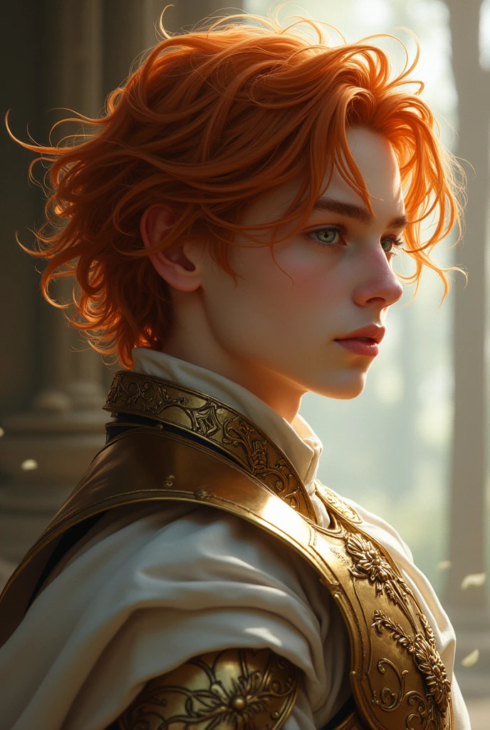 Porcelain skin, gray eyes like clouds. Orange and wavy hair. Silk fabrics and bronze armor. young man in profile, looking askance. of angelic beauty.