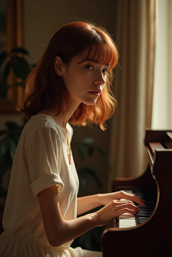 the image of a girl with a somewhat yellowish brown complexion, roman nose, dark brown eyes, layered hair ending at shoulder length reddish-brown playing the piano (Profile)