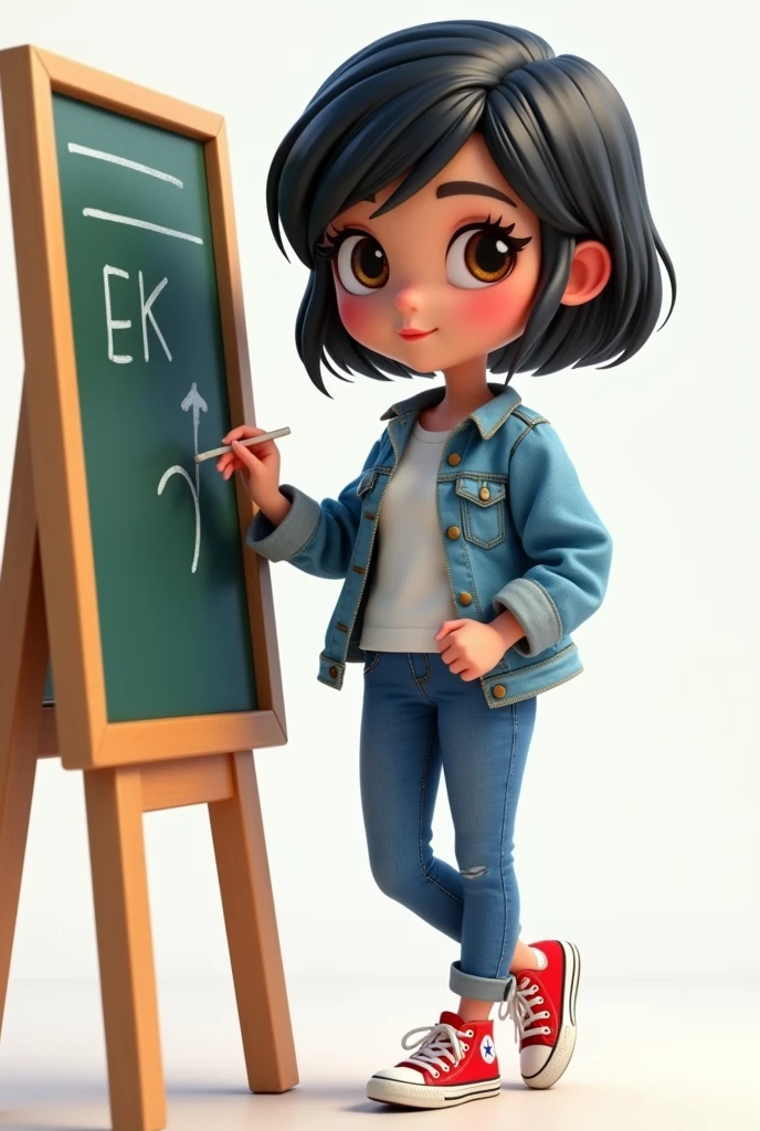 3D Cartoon, woman, young, very short black hair, brown eyes, wearing a white t-shirt, denim jacket, jeans and all star sneakers. writing on a blackboard with chalk. Transparent Background
