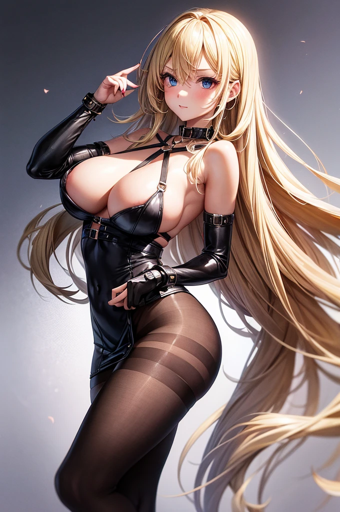Solo, 1girl, Early 30's, long blonde hair, large heavy breasts, slender toned build, bondage harness, collar, cuffs, babydoll dress, pantyhose