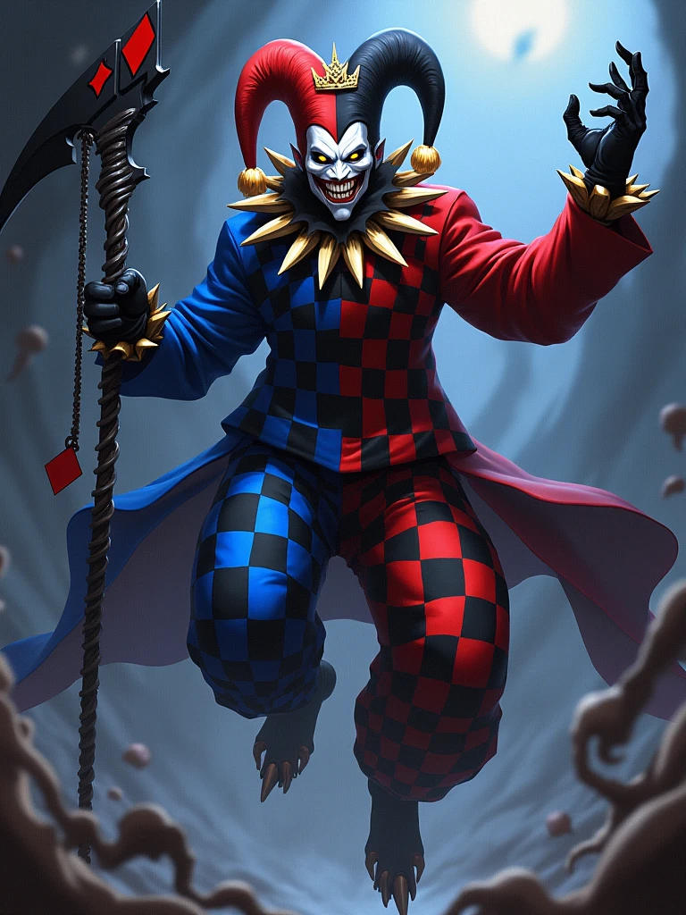 painting of a demonic sad harlequin, sits on a steep cliff with his legs dangling into the void, gloomy landscape snowstorm, dramatic, dynamic pose, cinematic scene, volumetric lights, ultra realistic, in the style of nicola samori
