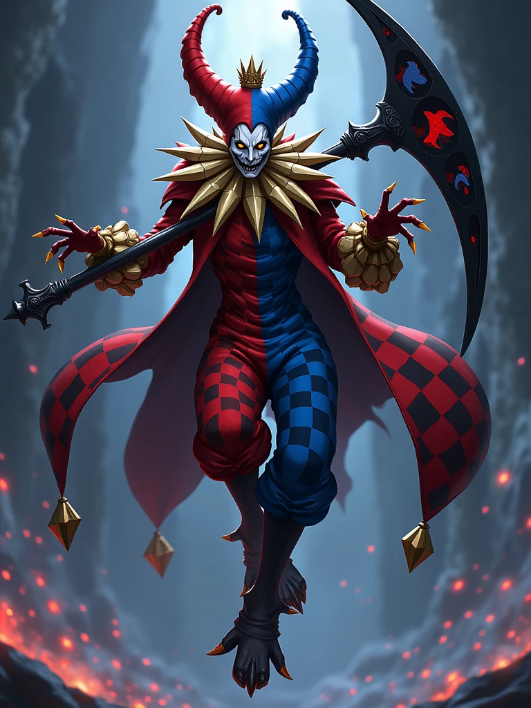 A dark and menacing jester character is depicted mid-action, floating in a void-like space. The jester wears a bold, checkerboard-patterned outfit split into red and black on one side, and blue and black on the other. The oversized, puffed-up costume features a wide spiked collar and large, clawed gloves with golden cuffs. The jester’s headgear is a two-pointed hat, matching the checkerboard pattern, topped with a small, twisted golden crown. The character's face is mostly hidden by a white, angular mask, with narrow glowing yellow eyes and a wide, unsettling grin. The jester wields a massive black scythe adorned with red and blue card suit symbols. The overall design is highly stylized, combining elements of anime and video game aesthetics, emphasizing the character's chaotic, powerful, and otherworldly nature.