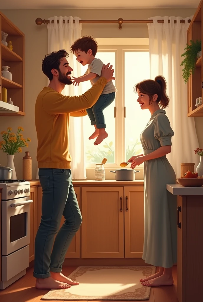 A father is playing with his little son while the mother is cooking food,in house