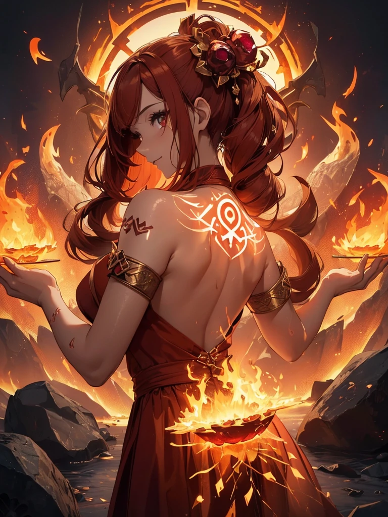 (((best quality, sharp image, clear image, cinematic lighting, 8k resolution, masterpiece, ultra detailed, intricate))) Girl, (((looking over shoulder))), shot from behind, ((half shot)), fire mage, cute, fiery red hair, pigtails in hair, (intricate dress), (white dress), ribbons in hair, smiling, fiery red, ((intricate Portal background)), ((fire magic)), candles, ((glowing runes on skin)), (flame patterns), ((fiery lotus flowers)), busy background., ((fire sigils)), (rock formations), Exploding rock, lavafalls, gauntlets, ((Red rubies)), busy background.