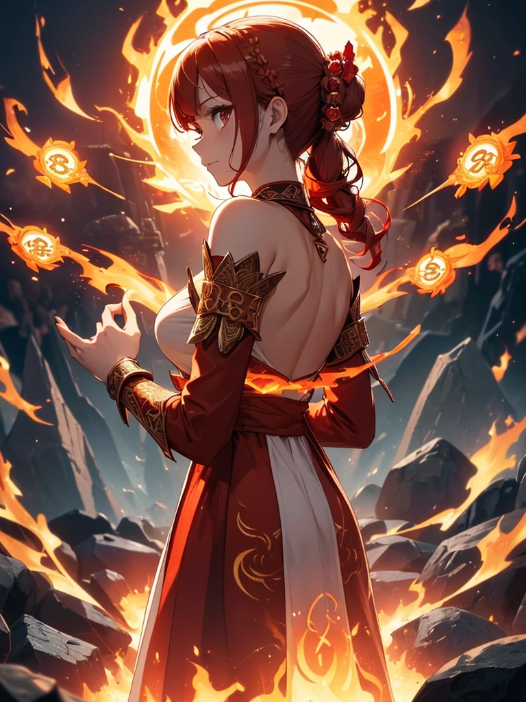 (((best quality, sharp image, clear image, cinematic lighting, 8k resolution, masterpiece, ultra detailed, intricate))) Girl, (((looking over shoulder))), shot from behind, ((half shot)), fire mage, cute, fiery red hair, pigtails in hair, (intricate dress), (white dress), ribbons in hair, smiling, fiery red, ((intricate Portal background)), ((fire magic)), candles, ((glowing runes on skin)), (flame patterns), ((fiery lotus flowers)), busy background., ((fire sigils)), (rock formations), Exploding rock, lavafalls, gauntlets, ((Red rubies)), busy background.