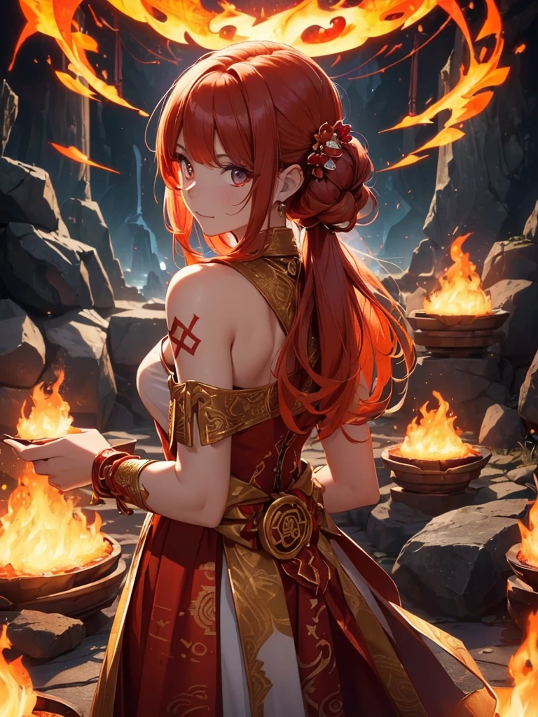 (((best quality, sharp image, clear image, cinematic lighting, 8k resolution, masterpiece, ultra detailed, intricate))) Girl, (((looking over shoulder))), shot from behind, ((half shot)), fire mage, cute, fiery red hair, pigtails in hair, (intricate dress), (white dress), ribbons in hair, smiling, fiery red, ((intricate Portal background)), ((fire magic)), candles, ((glowing runes on skin)), (flame patterns), ((fiery lotus flowers)), busy background., ((fire sigils)), (rock formations), Exploding rock, lavafalls, gauntlets, ((Red rubies)), busy background.