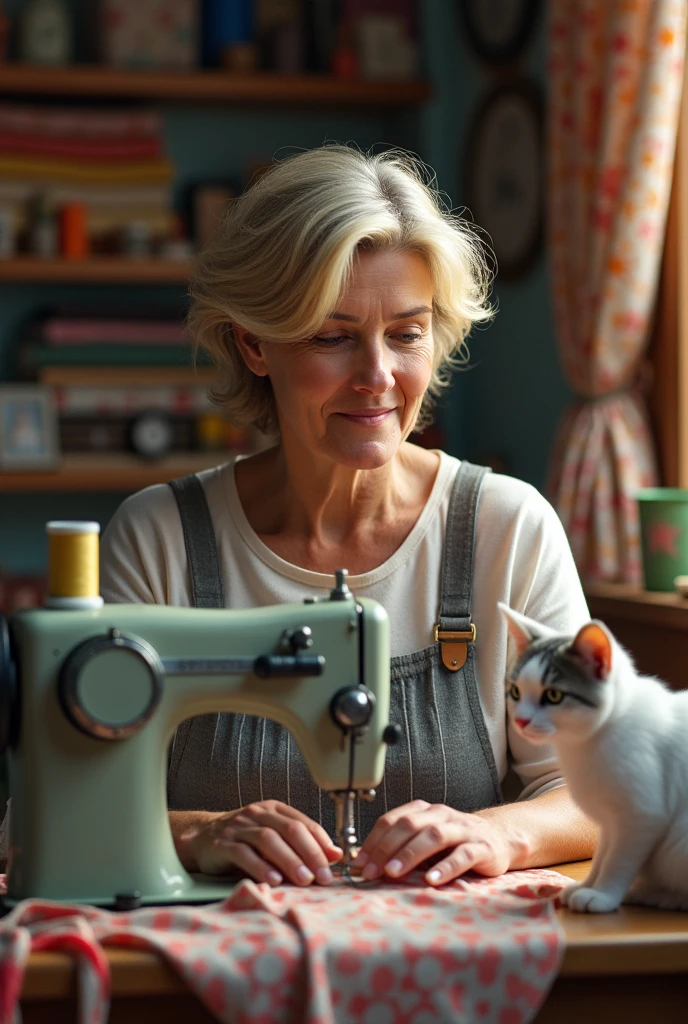 40 year old white woman, blonde hair. She is in front of a sewing machine with lots of fabrics, with her white and grey cat