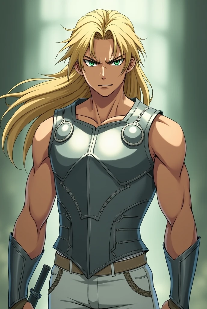 fair-skinned male, youthful appearance, greeneyes, angry look, blonde hair long, wearing a white tank top, wearing white pants, wearing silver chest armor, Knights of the Zodiac style, anime styling, Full-body image 