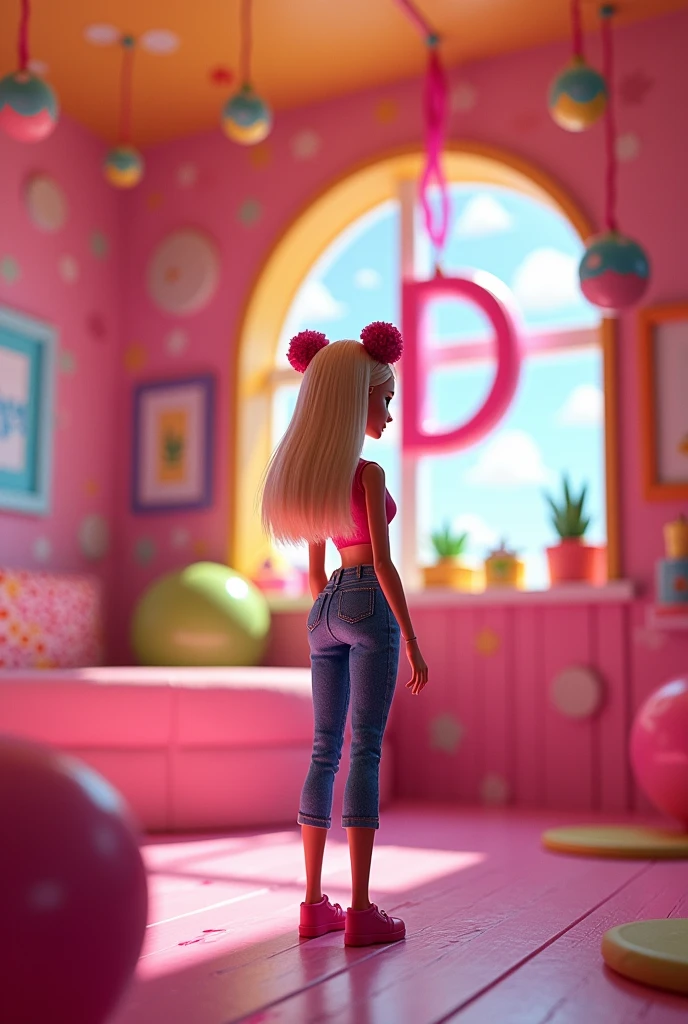 I want to create a playroom like pizza planet with a hanging D for a Barbie themed birthday invitation and add a  with her back turned with few curlers 