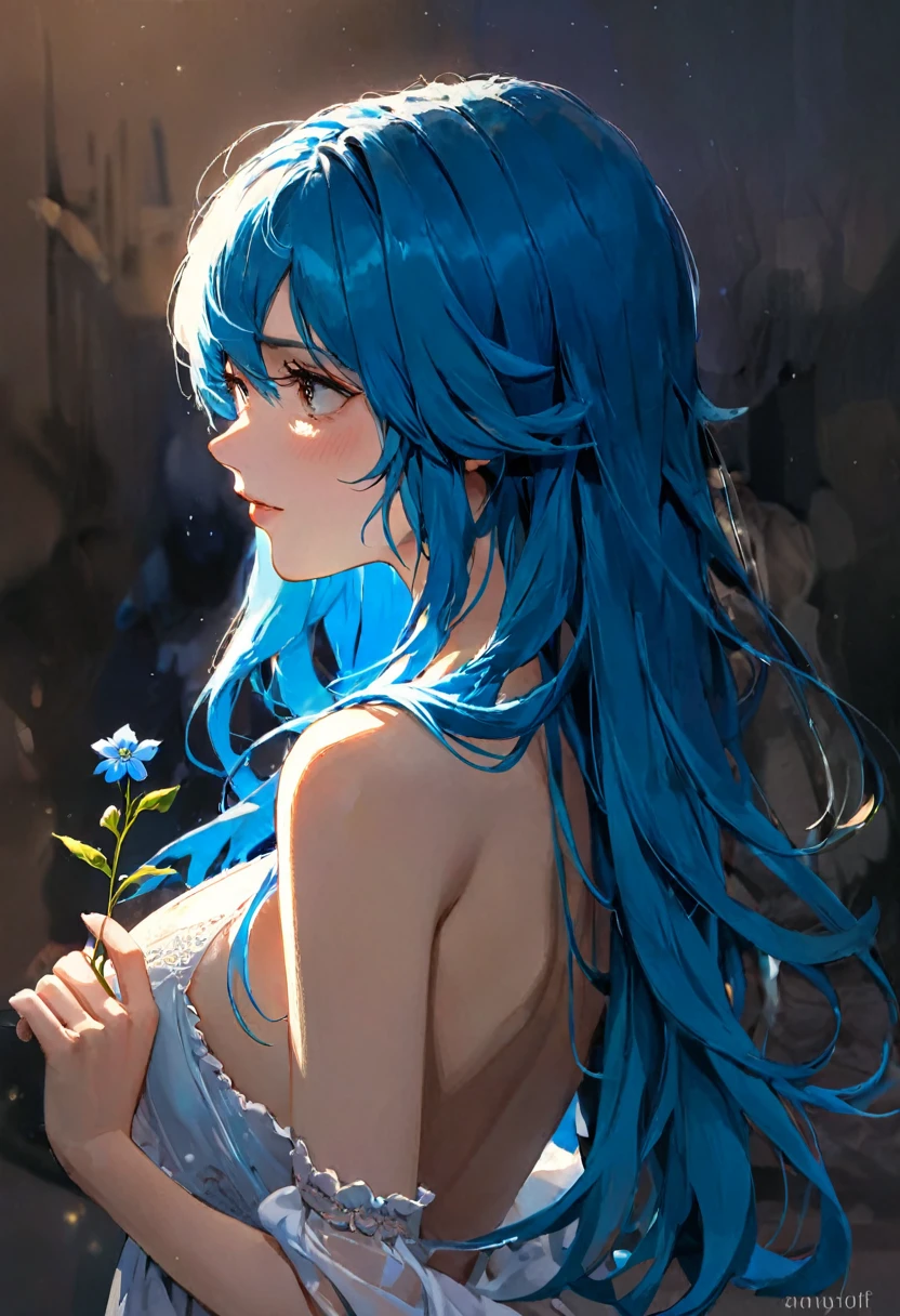 かんざし　かんざしさん(((masterpiece))), ((highest quality 16k)), (ephemeral:1.3), ((sexy girl)) ((detailed and delicate)), ((fantastic background)), ((long blue hair)), holding a small blue flower, look down, Forget-me-not, NEON COLOR, LOFI COLOR,eroticism, sexy, black and white image, between shadows, oil painting, chiaroscuro, sensual, dramatic lighting, moody atmosphere, photorealistic, intricate details, masterpiece, ultra-detailed, high quality, 8k, best quality, realistic, cinematic, dark and brooding, expressionistic, ,cute,ultra detailed skin,sketch}}}, , powerful composition, emotional impact, Bill Sienkiewicz inspired art
