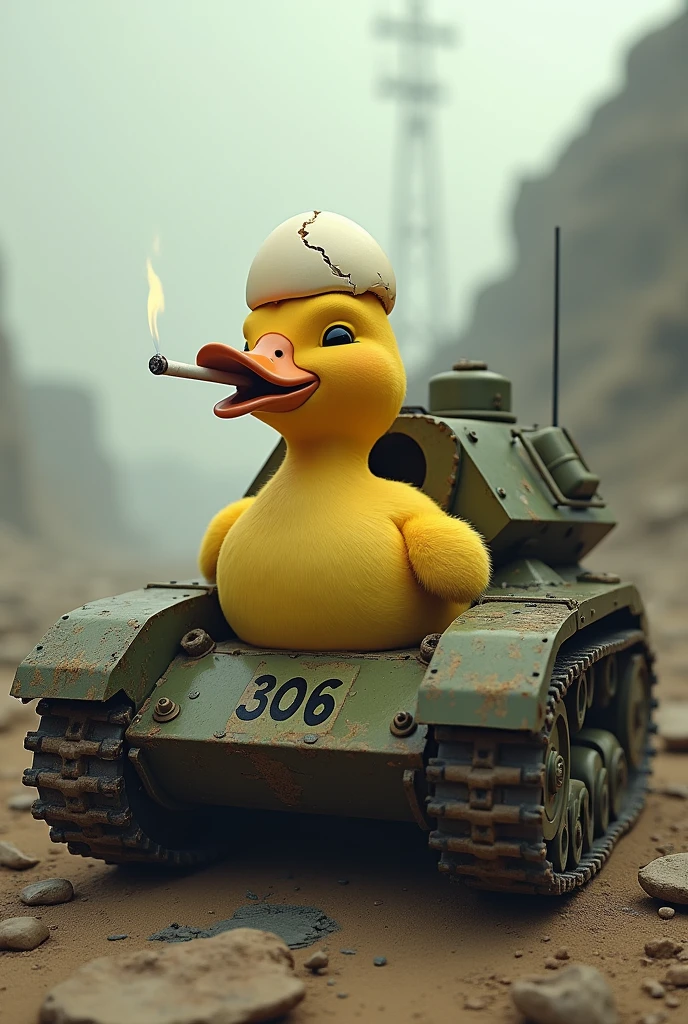 Un canard avec une coquille brisée sur la tete comme Calimero dans un tank riant une cigarette au bec dans un monde post apocalyptique avec le numéro 306 écrit sur le tank 
