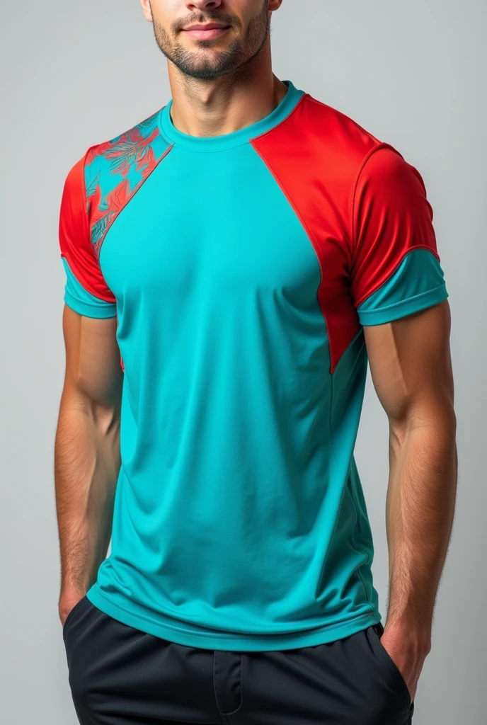 Sports T-shirt with aquamarine and red color