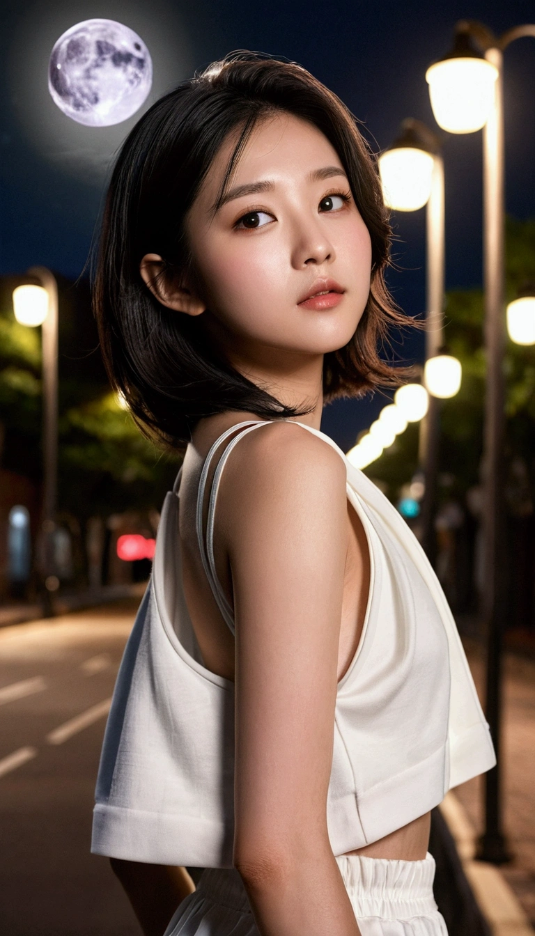 (Half-length photo,Street Lights,moon),masterpiece, A girl, Solo Exhibition, Beautiful woman with small breasts, nightのビーチ, Beautiful goddess girl portrait, Beautiful and delicate face, Porcelain skin, (((Half-length photo, center, night, Black Hair, short hair)), The lighting is very soft, panoramic,symmetry, complicated, grace, Attention to detail, realism, Art, concept Art,White clothes close-up，HD，（Better drawing detail），Excellent image quality，（more details），Fine，优质的masterpiece，Girl，Elongated hair，Ruddy skin，Cleaning the collarbone，The clothes slipped down.，Water stains，Wearing sweats，saliva，（（Heavy breathing）），（uvula），（Loose clothing））