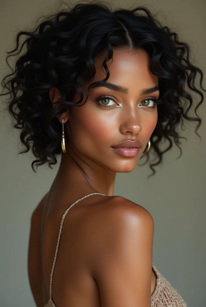 A beautiful ebony woman looks through the window of a futuristic room in the futuristic spacecraft grom above at the jungle in the distance. The woman has (white skin), pale skin, juicy lips, bimbo lips, large green eyes (afro curly black hair), she od very tired. Her face is close to the glass, looks though the windows, his hands resting against the glass. You can see spend great exhaustion on her the face. Face in profile, Profile photo shoulder frame. Perfect hands, (she is wrapped in a sheet), She is naked, wet skin. The interior of the futuristic ship is white and black. (Bright morning light)
