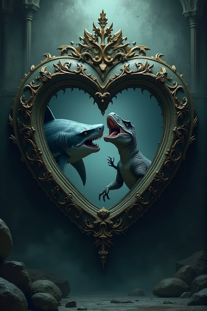 Shark and dinosaur inside a heart with a gothic style 