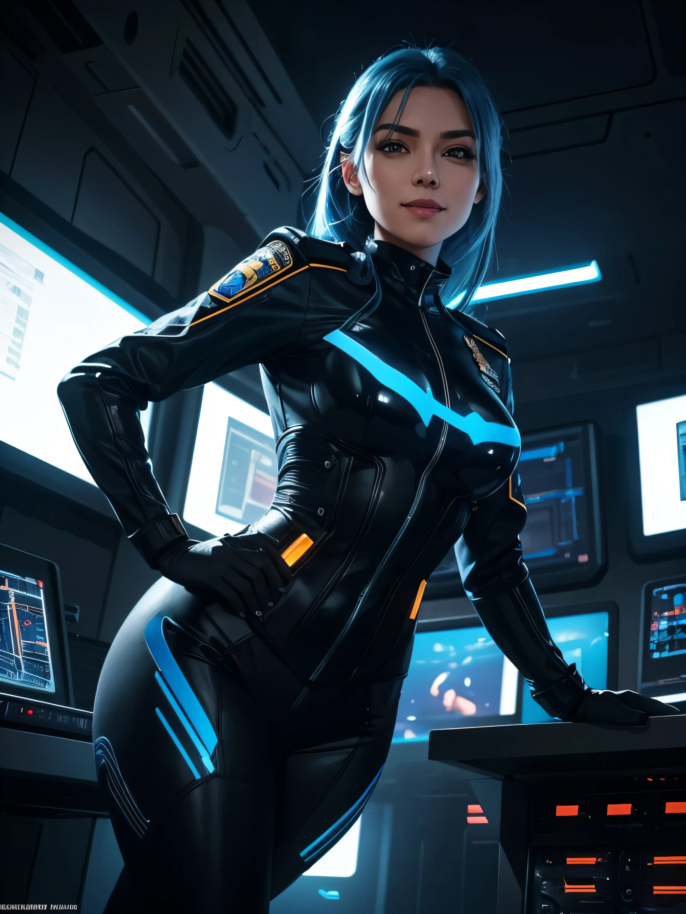  highly detailed, 8k resolution, masterpiece, one girl, blue_hair_tubes, wearing a sleek officer's uniform that hugs her curves, a serious expression with a playful twist, as if she's trying to look stern but can't help but smile, smirking lips, (ideal_Face), (hyper-realistic:1.3), (Beautiful lighting:1.3), vibrant, dynamic lighting, a confident pose showing off her stunning figure, standing in a futuristic spaceship command center, surrounded by high-tech consoles, with her hands on her hips, slightly leaning forward as if she's about to burst into laughter, camera angle slightly from below, capturing her confident yet playful demeanor.