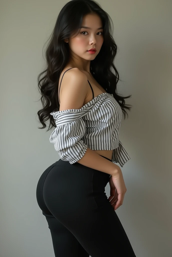 Korean girl with massive tits in striped button down shirt that’s unbuttoned to show some cleavage and tits and black pants that compliment her nicely shaped ass