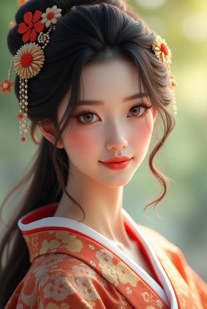 (best quality,highres,ultra-detailed),((portrait )),1beautiful Japanese lady,beautiful detailed eyes,((grin)),beautiful detailed lips,extremely detailed face,longeyelashes,soft smile,flowing hair,natural lighting, wearling japanese elegant Kimono,((Hair up)),((smiling)),