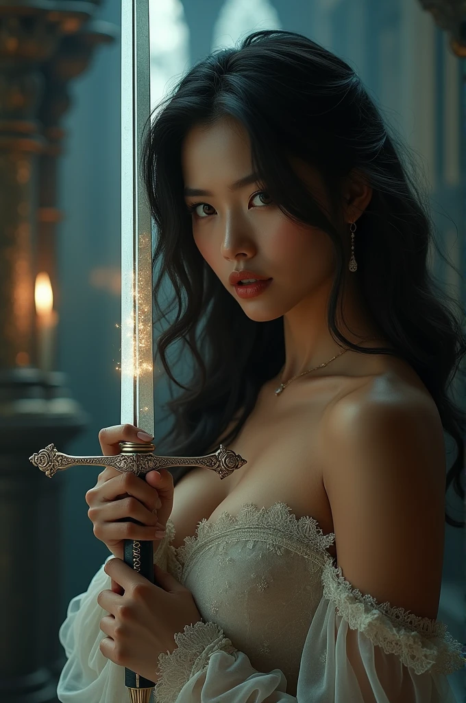 Sexy woman licking a sword