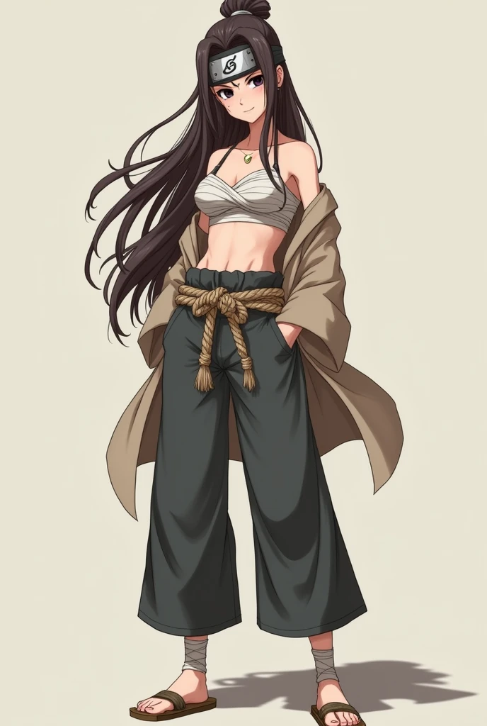 Une fille dans le style naruto. 
Elle porte un bandana qui couvre le dessus de sa tête, laissant voir ses cheveux longs et bruns.
Ses yeux sont noirs et elle a un trou visible dans l'un de ses sourcils.
Son visage est assez masculin. 
Son haut consiste en des bandages qui lui servent de brassière avec un kimono à manches courtes, ouvert, qui s'arrête à la taille.
Autour de sa taille, elle a une ceinture faite d'une grosse corde nouée.
Elle porte un pantalon très large qui se resserre au niveau de la cheville et des tongs style japonais en bois.
Le résultat doit être vu de la tête au pied
