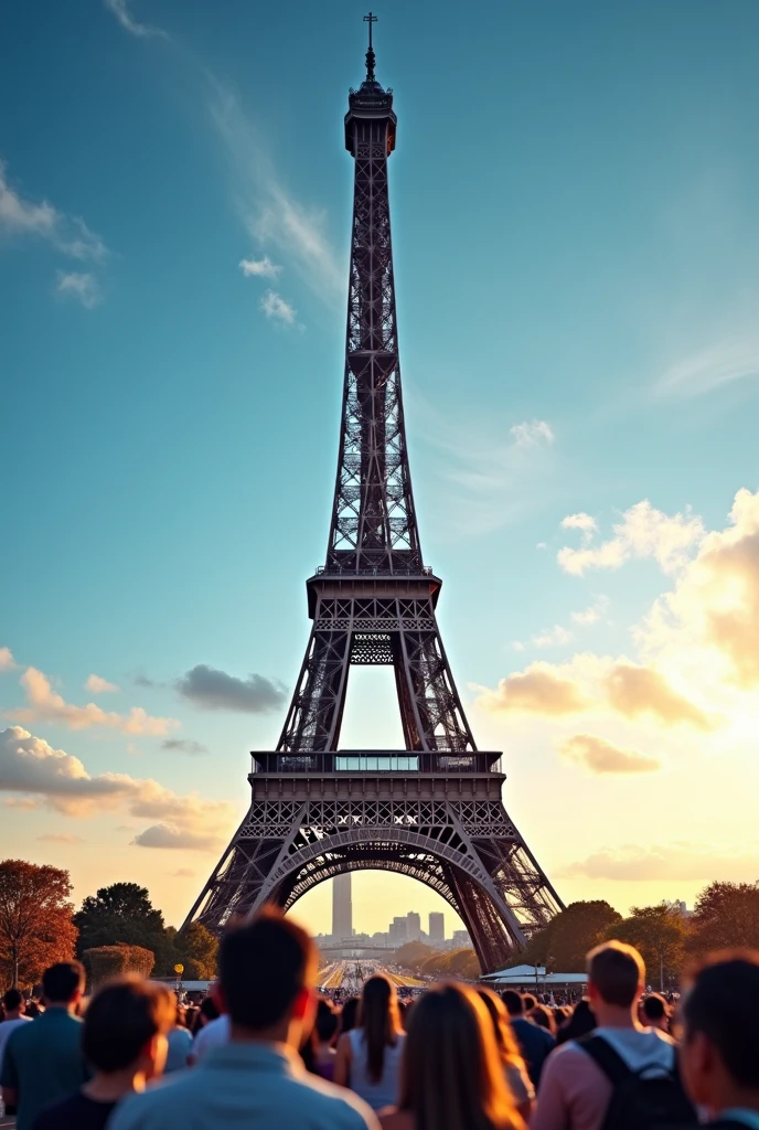 The image shows the Eiffel Tower in Paris, France. The tower is the focal point of the image, with its distinctive spire and intricate details. The sky is a beautiful blue with a few wispy clouds, and the sun is setting in the background, casting a warm glow over the scene.
In the foreground, there is a group of people standing in front of the tower, admiring the view. They are all wearing casual clothes and carrying bags, suggesting that they are tourists. In the center of the photo, there are several Olympic rings, which are a symbol of the Olympic Games. The rings are arranged in a circular pattern, with the largest ring in the center and the smaller ones on either side. The image conveys a sense of excitement and anticipation for the upcoming Olympics.