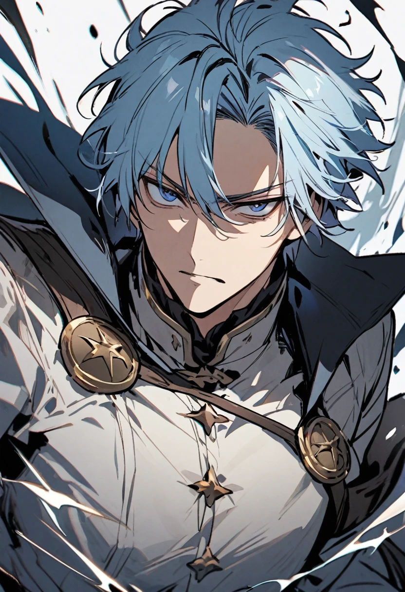 Handsome, solo, 1 male, light blue hair, dark blue eyes, 1 man, death stare