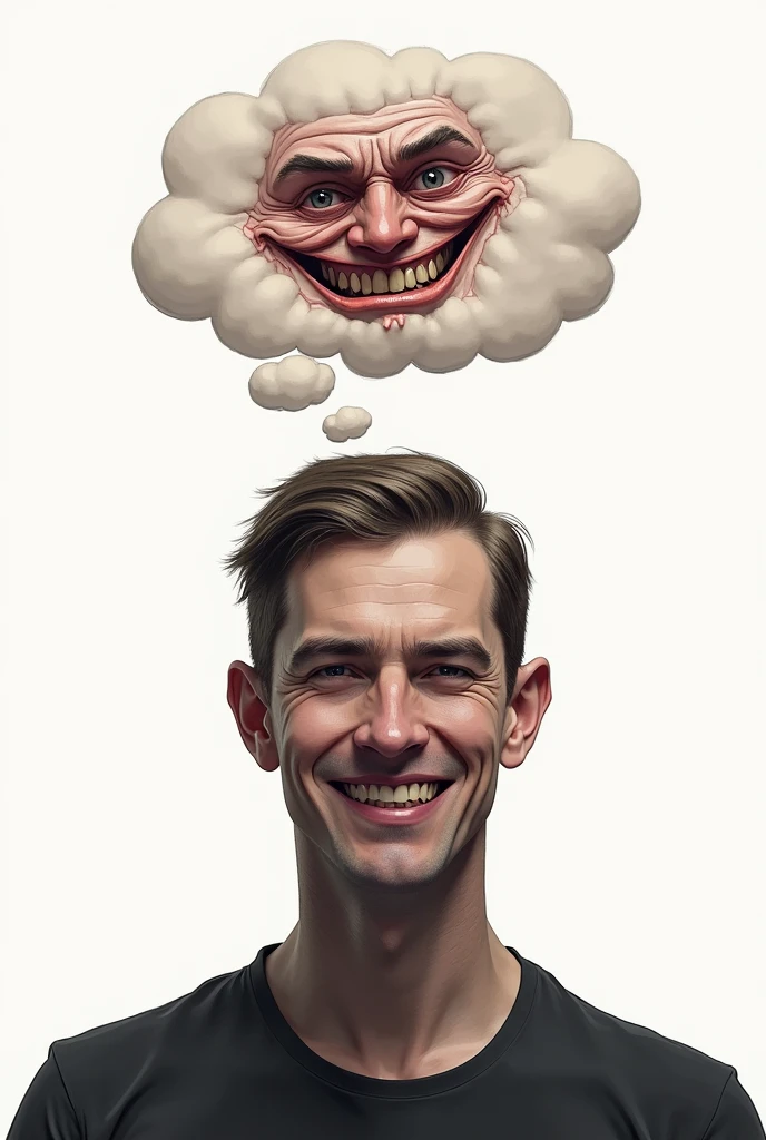 1. **fund**: Use a simple background, like a clear wall, to highlight the figure.
2. **persona**: Draw a figure of a person in a front position.
3. **muka**: The other side must show a fake smile, with eyes perhaps a little forced to give the idea that it is not sincere.
4. **thought balloon**: above the person's head, draw a thought bubble. Inside the balloon, put the face with the angry expression, as if it were what the person was really thinking.
5. **Colors and Details**: Use contrasting colors for facial expressions and add details like sweat or veins on the angry side to emphasize the emotion..
6.**Gender**: has to be a man