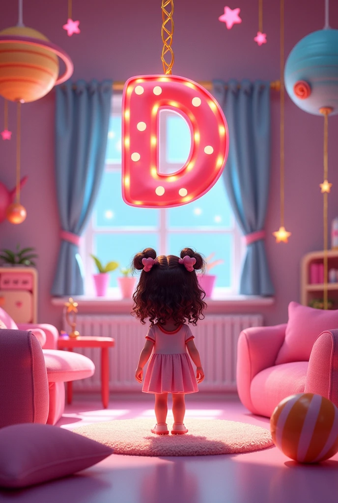 I want to create a pizza planet-like playroom with a hanging D for a pink-themed birthday invitation and add a  with her back turned with curlers