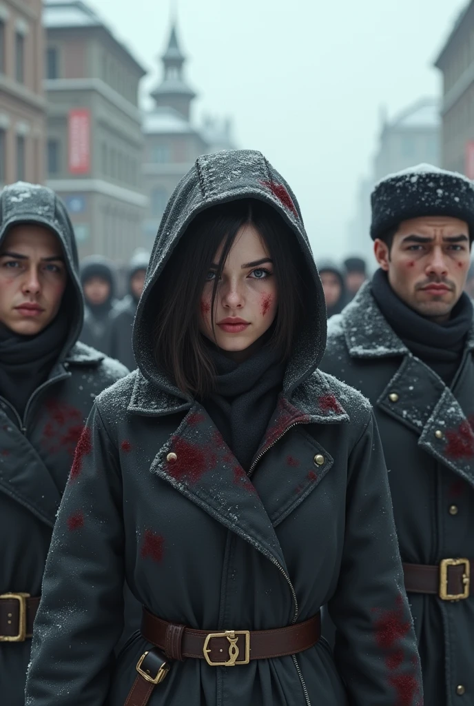 Dictator girl with hair covering one eye with other communist girls dirty of blood in the russian city in snow 3D animation
