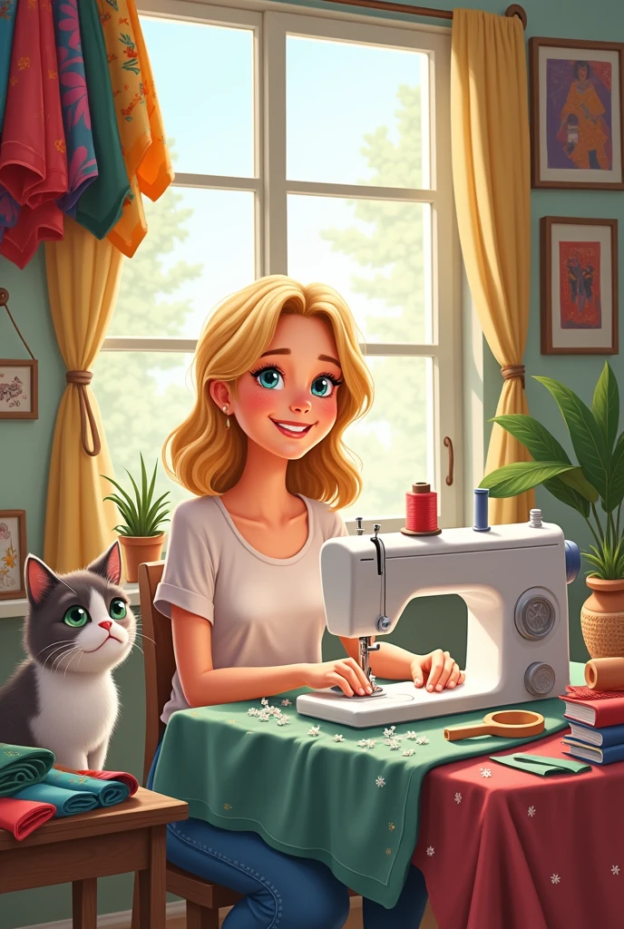 cartoon of a 40 year old white woman, blonde hair. She is in front of a sewing machine with lots of fabrics, with her white and grey cat.